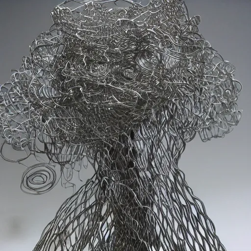 Image similar to realistic detailed silver metal wire sculpture of a towering jungle, first person pov