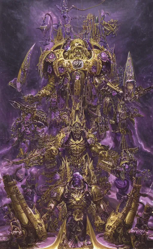 Image similar to epic omnious academic drawing of a heroic but corrupted wh40k heretic marine having his consciousness uploaded into iridescent warp by Slaanesh his Highness the chaotic androgynous deity in solemn golden and marble slaaneshite temple by James Gurney, Zdislaw Beksinski, Alex Gray, Greg Rutkowski, Robert McCall