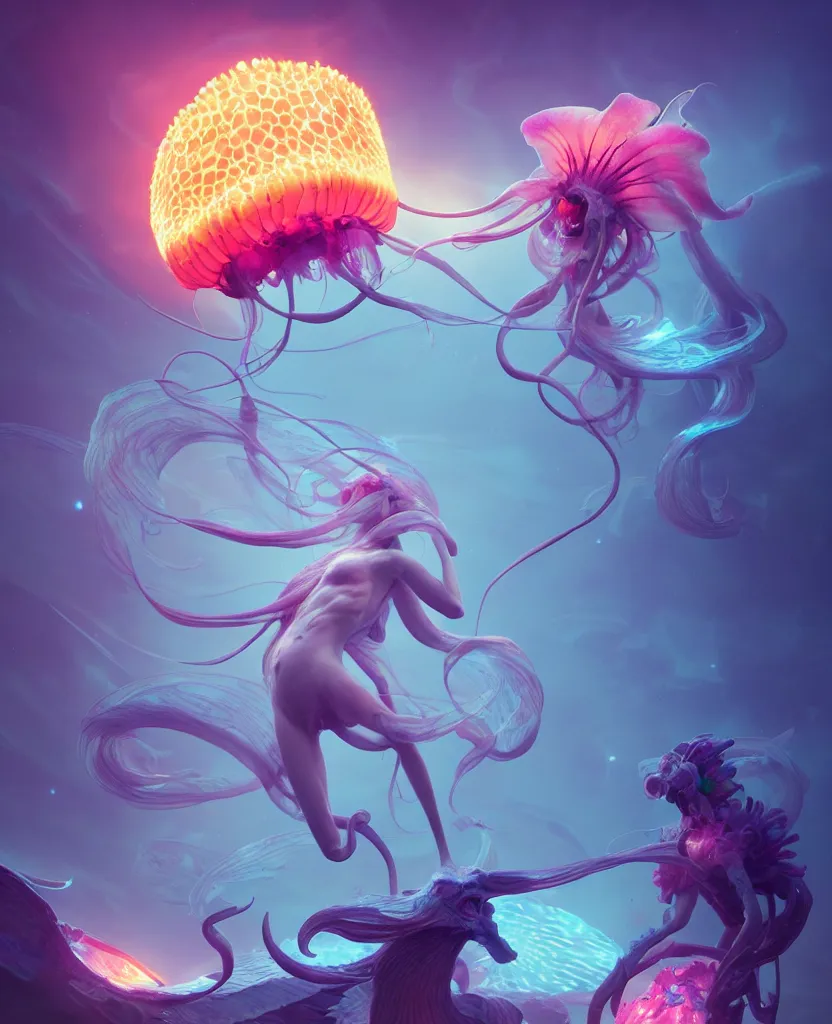 Image similar to centaur jellyfish phoenix, nautilus, orchid, bioluminiscent creatures, intricate artwork by Tooth Wu and wlop and beeple. octane render, trending on artstation, greg rutkowski very coherent symmetrical artwork. cinematic, hyper realism, high detail, octane render, 8k