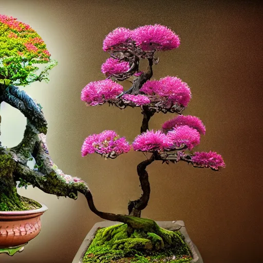 Image similar to A picture of a planet of various flowers, fungus and plants, Bonsai , in which the human figure is dressed in something magical and impressive, inside the picture is infinity, muted light, BotanicalAtmospheric phenomenon, artistic photography, muted colors, conceptual, Kodachrome