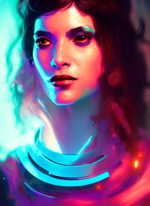 Prompt: glowwave portrait of camila mendez as a cyberpunk sorceress, in the art style of jeremy lipkin