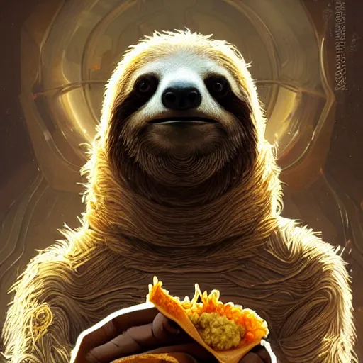 Image similar to detailed science - fiction character portrait of a sloth eating tacos, intricate, wild, highly detailed, digital painting, artstation, concept art, smooth, sharp focus, illustration, art by artgerm and greg rutkowski and alphonse mucha