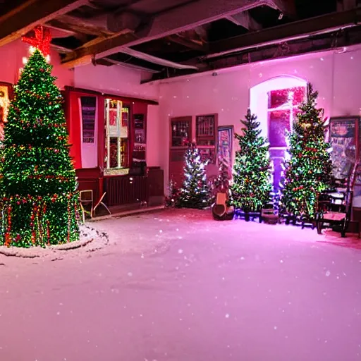 Image similar to a gymnasium party full of lit Christmas trees, Victorian theme, snow coming through windows