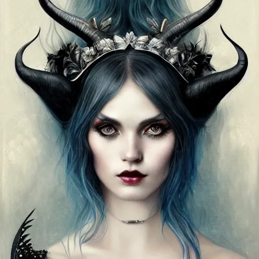 Prompt: portrait of a beautiful woman with horns, large piercing blue eyes, long wavy black hair, long black dress with silver jewels, black bat wings on back, detailed background, by tom bagshaw