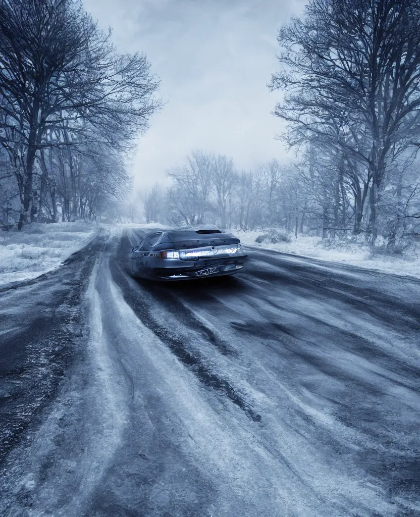 Prompt: Icy road, car perspective, photorealism, 4k