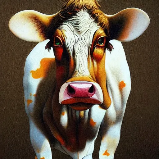 Prompt: photorealistic cow with cat head by Esao Andrews , Zdzislaw Beksinski
