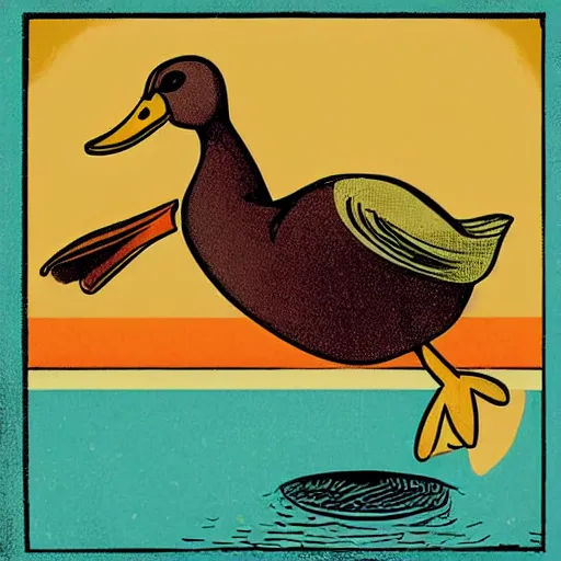 Image similar to duck doing backflip in mid - century illustration style