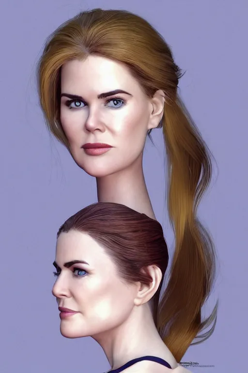 Image similar to mix of beautiful young maria shriver, mariel hemmingway, brooke shields, nicole kidman and elle macpherson as an alien creature, thin lips, hair tied up in a pony tail, dark blonde hair, colorful, artstation, cgsociety