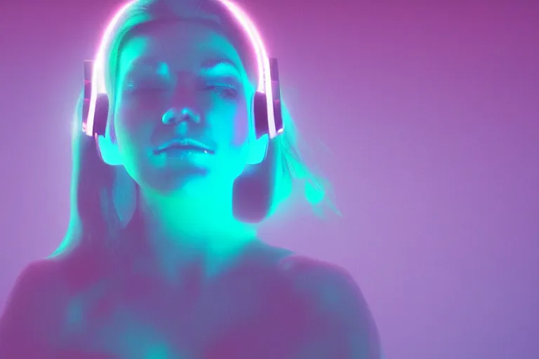 Prompt: a cute girl wearing headphones sitting on a cloud relaxing, misty, glows, blender render, hazy, foggy, red lighting, ambient lighting, 8 k, neon, synthwave, cyberpunk,