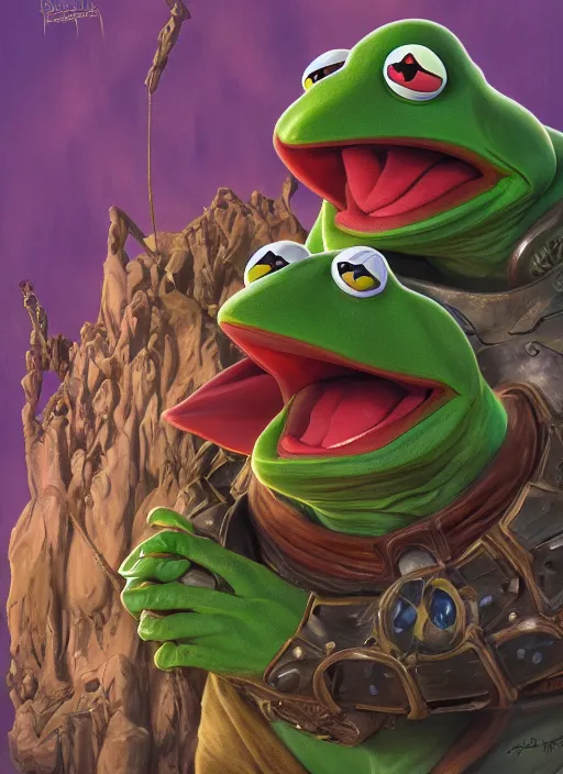 Image similar to portrait of kermit the frog in masters of the universe ( 1 9 8 7 ), highly detailed, centered, solid color background, digital painting, artstation, concept art, smooth, sharp focus, illustration, artgerm, donato giancola, joseph christian leyendecker, les edwards, ed repka, wlop, artgerm