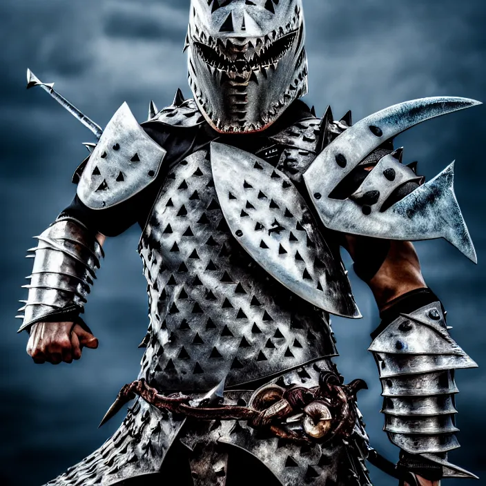 Image similar to photo of a warrior with metal shark themed armour, highly detailed, 4 k, hdr, smooth, sharp focus, high resolution, award - winning photo