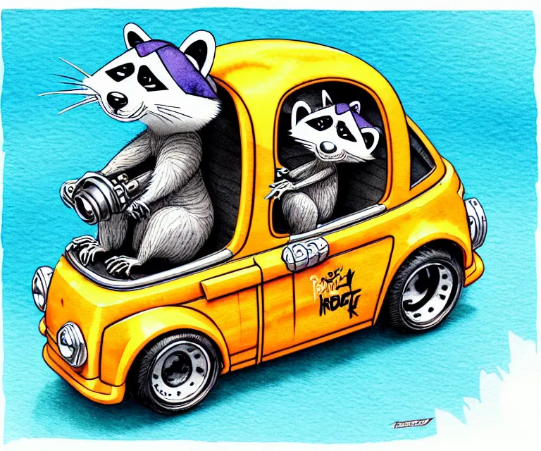 Image similar to cute and funny, racoon wearing a helmet riding in a tiny hot rod with oversized engine, ratfink style by ed roth, centered award winning watercolor pen illustration, isometric illustration by raymond edmonds, edited by range murata, tiny details by artgerm, symmetrically isometrically centered