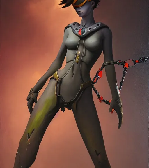 Image similar to full figure, painting of tracer from overwatch, in style of zdzisław beksinski, horror, 4 k, feminine facial features, full armor, full armor, detailed face, tall, dark ropes and chains in background