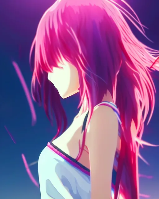 Image similar to anime style, vivid, expressive, full body, 4 k, a cute girl with white skin and long pink wavy hair humming a song, stunning, realistic light and shadow effects, centered, simple background, studio ghibly makoto shinkai yuji yamaguchi