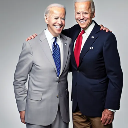 Image similar to A portrait photo of joe biden teams up with a teenage joe biden, perfect faces, 50 mm, award winning photography