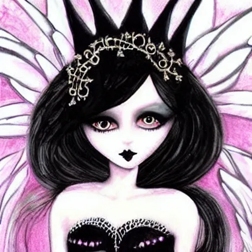 Prompt: gothic whimsical fairy with black dress and black hair fantasy gothic painting