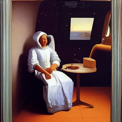 Prompt: Two space travelers sitting side by side in a space cruiser, flying between Jupiter and Saturn, the milky way galaxy in the background, oil painting by vermeer,