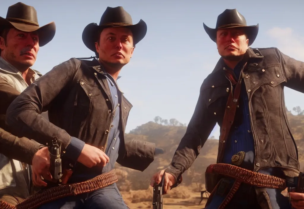 Image similar to elon musk in the red dead redemption 2, elon musk in the video game red dead redemption 2, gameplay screenshot, close up, 3 d rendering. unreal engine. amazing likeness. very detailed.