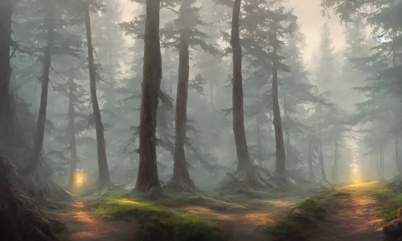 Prompt: a painting of a one path leading to a mystical forest full of wonders, pine trees, magical atmosphere, trending on artstation, 30mm, by Noah Bradley