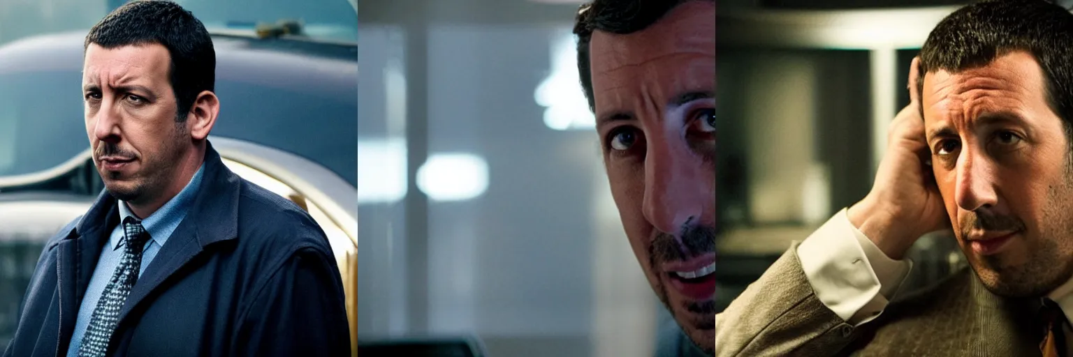 Prompt: close-up of Adam Sandler as a detective in a movie directed by Christopher Nolan, movie still frame, promotional image, imax 70 mm footage