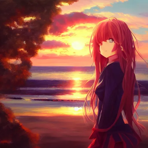 Image similar to an anime girl portrait, sunset, ocean in distance, oil painting, pale colors, high detail, 8 k, wide angle, trending on artstation,