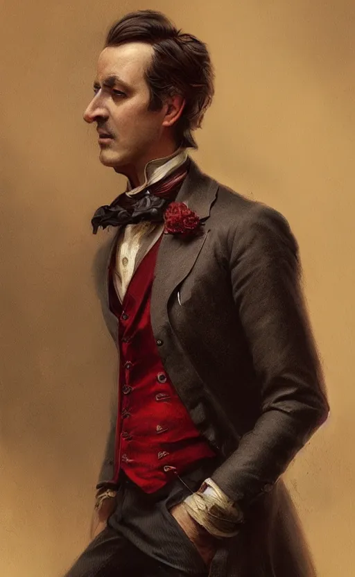 Prompt: portrait of a middle aged victorian aristocrat, dark red waistcoat, male, detailed face, victorian, highly detailed, cinematic lighting, digital art painting by greg rutkowski