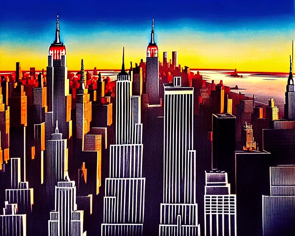 Prompt: new york in the future, empire state building, statue of liberty, city streets, golden hour, perspective artwork, photorealism