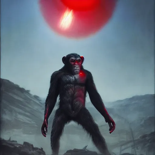 Prompt: scarred koba from the planet of the apes with one red glowing eye sitting on top of a tank, hero character art, scars, by chris leib and greg rutkowski in a surreal portrait, oil on canvas, volumetric lighting, 8k, hd.