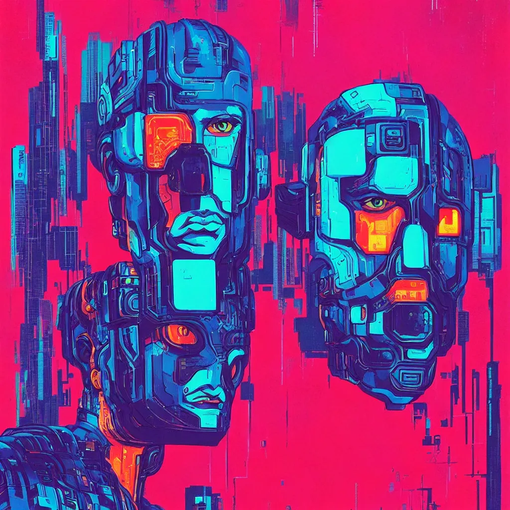 Prompt: risograph style gouache impasto huge robot head, cyberpunk art by by james gilleard, cgsociety, retrofuturism, synthwave, retrowave, outrun