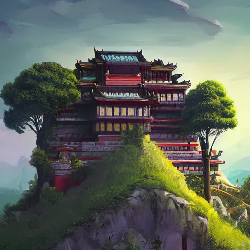 Prompt: house inspired by a tibetan palace on a hill, big green trees, colorful clouds, dramatic lighting, artstation, matte painting, raphael lacoste, simon stalenhag, frank lloyd wright
