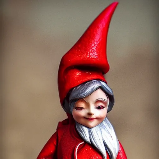 Image similar to 80mm resin model figure female gnome wearing long red coat and holding open spellbook, highly textured, fantasy, D&D, HDR, , natural light, medium close shot, tilt shift, dynamic pose, award winning photograph!, Mucha style