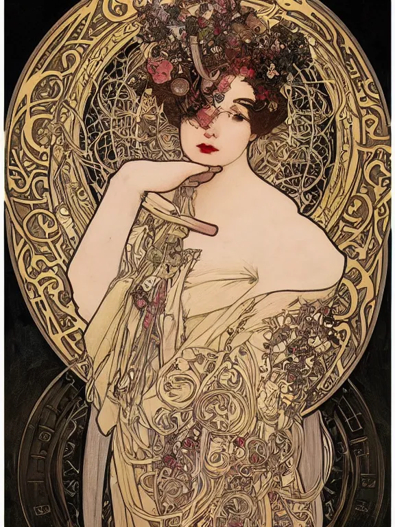 Image similar to an art nouveau mucha poster portrait oil painting of a ancient and powerful deity, surrounded by thousands of spiraling black ribbons, intricate, detailed, smooth, complex, elaborate, by borja, and chris skinner