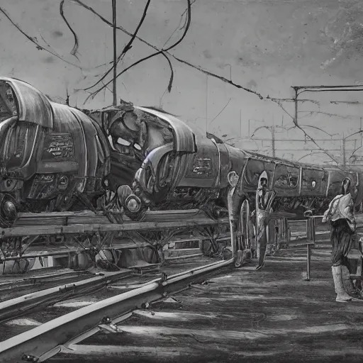 Image similar to human clones loaded onto a boxcar, biomechanical railroad, highly detailed, War Photography, Pushead art, by H.R. Giger