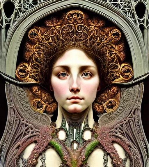 Image similar to hyperrealistic detailed face portrait of a beautiful young goddess morphing into a gothic cathedral, authentic ornamental architecture, intricate and highly detailed, awe inspiring art by ernst haeckel, h. r. giger, alphonso mucha, android jones, james jean, gothic, neo - gothic, heavily ornamental, nice deep colours,