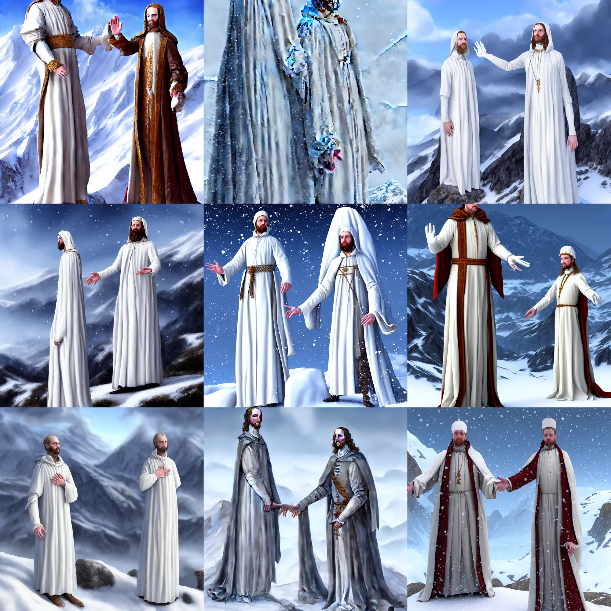 Prompt: john pope ii in long white dress standing on a snowy mountain slope. blessing with the hand. detailed cloth, detailed face. concept art. matte painting