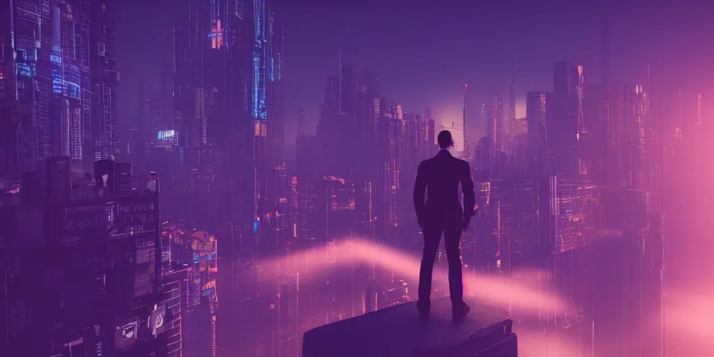 Image similar to a view of a man's back standing on top of a building, with purple - blue style cyberpunk city buildings in the background, volumetric light, cinematic, moody, octane render 4 k, 8 k