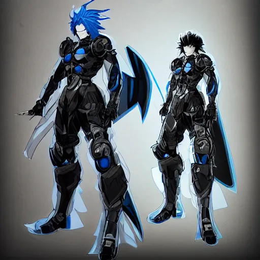 Prompt: An anime man with long, blue hair, wearing steel armor, drawn by Yoji Shinkawa highly detailed, trending on art station, sci-fi themed, dynamic posing