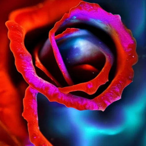 Prompt: award - winning macro of a beautiful rose made of molten lava!!! on black background by harold davis, georgia o'keeffe and harold feinstein, highly detailed, hyper - realistic, nebula color, inner glow, trending on deviantart, artstation and flickr, nasa space photography, national geographic