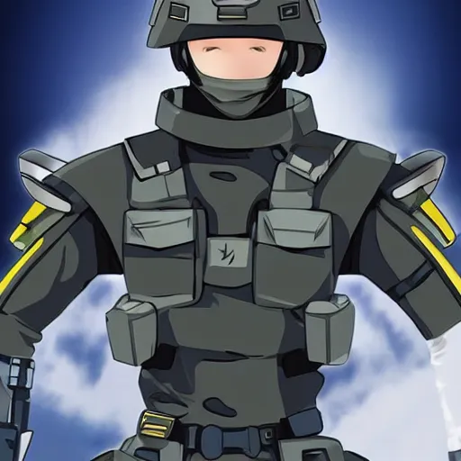 Image similar to a futuristic soldier captain with a metal visor and a blue shoulderpad in anime style