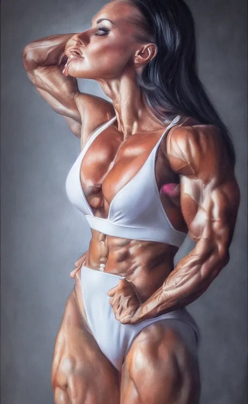 Image similar to realistic colorful photo portreit of extremely beautiful bodybuilder woman posing in white peignoir, full leight, ultra rendered extreme realism and detail, 8 k, highly detailed, realistic, photorealistic,