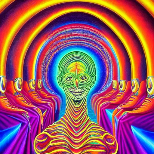 Prompt: alex grey painting of the dmt waiting room