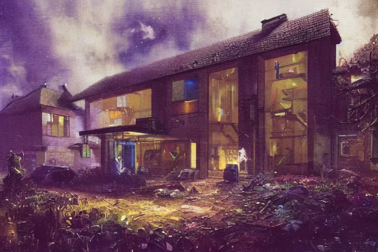 Image similar to cyberpunk, an estate agent listing photo, external view of a 5 bedroom detached countryside house in the UK, by Paul Lehr