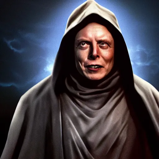 Image similar to elon musk as emperor palpatine as seen in raiders of the lost ark, 8k resolution, full HD, cinematic lighting, award winning, anatomically correct