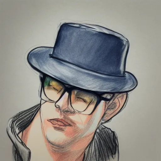 Image similar to a drawing of a man wearing a hat, a gouache by Hirohiko Araki, tumblr contest winner, modern european ink painting, watercolor, colorized, art on instagram