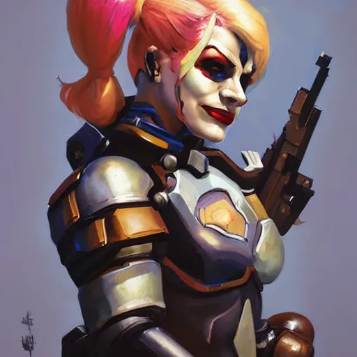 Image similar to greg manchess portrait painting of armored harley quinn as overwatch character, medium shot, asymmetrical, profile picture, organic painting, sunny day, matte painting, bold shapes, hard edges, street art, trending on artstation, by huang guangjian and gil elvgren and sachin teng