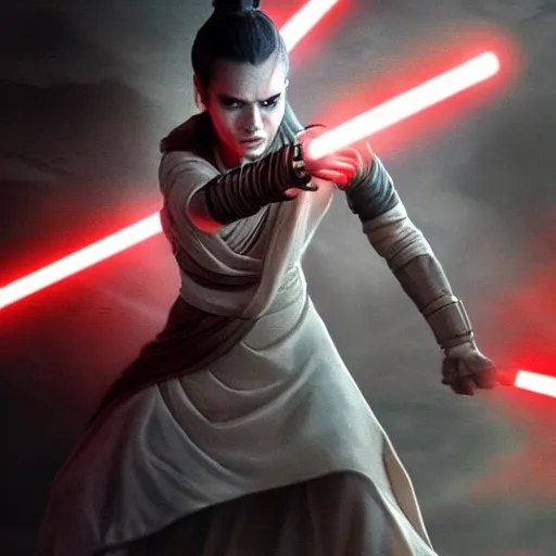 Image similar to evil corrupted rey from star wars, sith lord, dark side, cinematic movie image, both hands raised to use the force, hd photo, full body shot, face focus