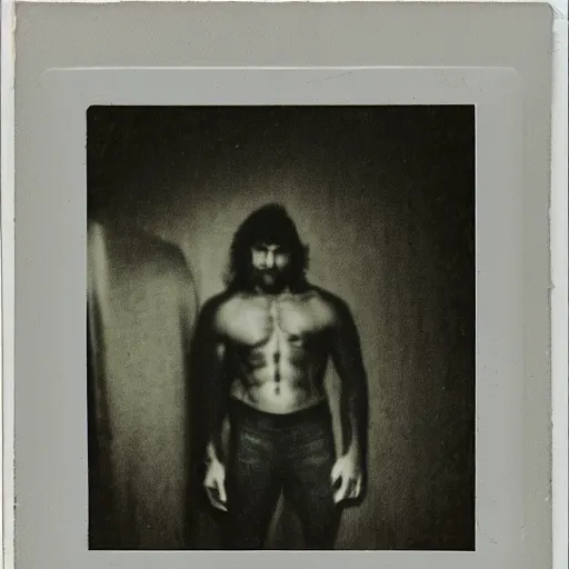 Prompt: polaroid of case study of anatomical wolf men full body by Tarkovsky