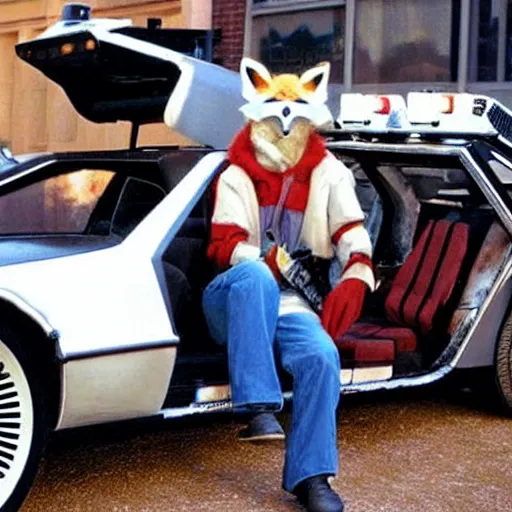 Prompt: a man dressed as a fox in a delorean from the movie back to the future