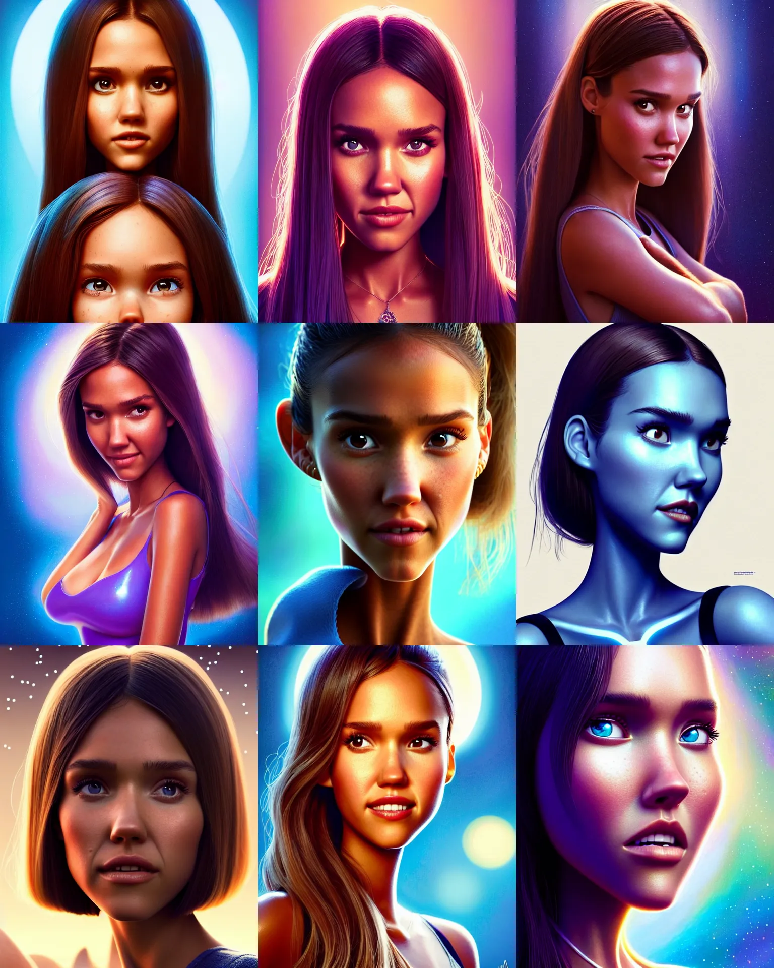 Prompt: disney pixar movie poster portrait photo of jessica alba, madison beer : : as alien cyborg mom woman by weta : : by wlop, ilya kuvshinov, artgerm, greg rutkowski, intricate jewelry, artstation, unreal engine, rave makeup, pearlescent, wet, morning, maxim cover : :