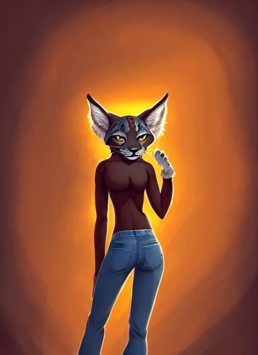 Prompt: wide angle beautiful full body portrait of a strong female anthropomorphic anthro lynx fursona from behind wearing jeans and no boots, paw pads instead of feet and arms, character design by alena aenami, disney, anime, manga, artgerm, furaffinity, detailed, soft lighting,